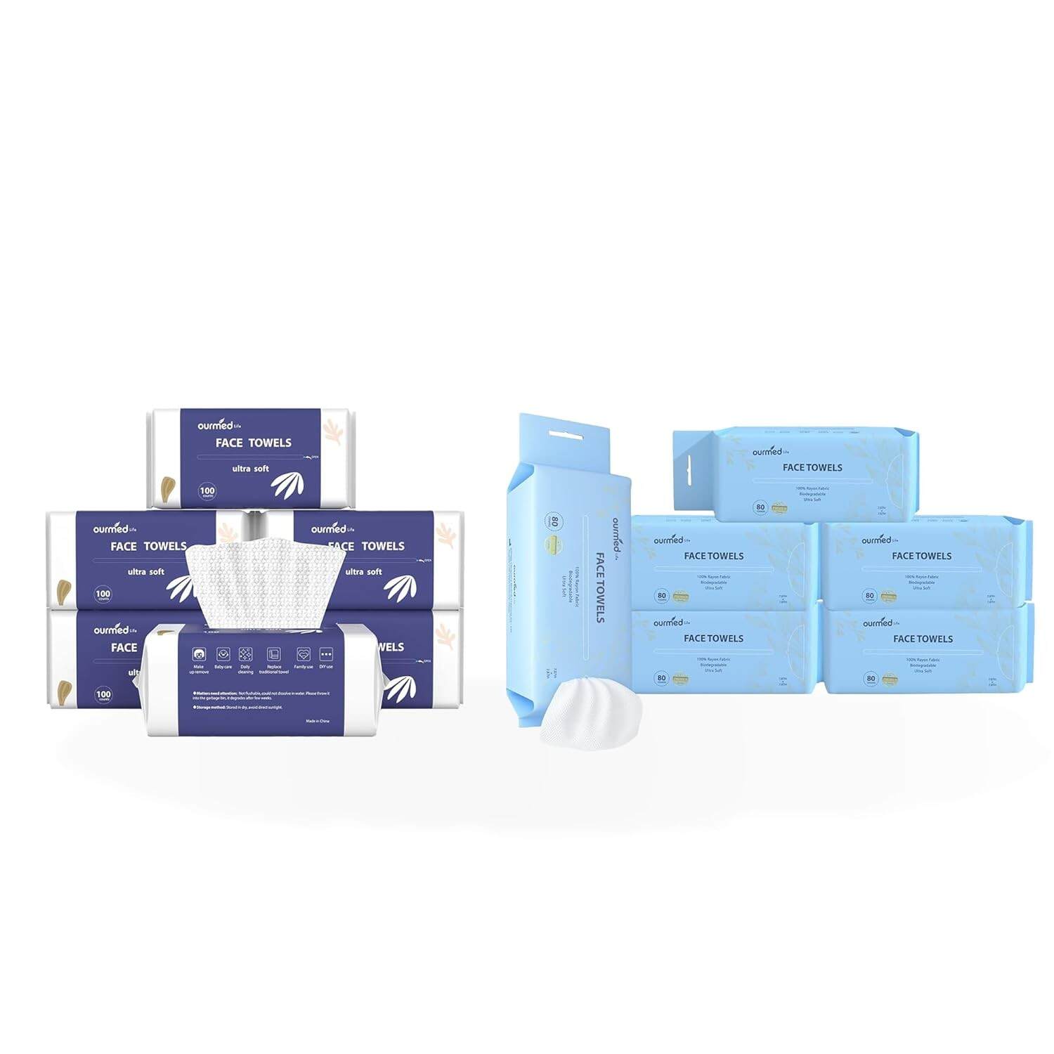 Ourmed Life Face Towels, Disposable Biodegradable Clean Facial Wash Cloth for Sensitive Skin, Lint- free Facial Tissue for Cleansing, Skincare and Makeup Remover, Dry Wipes, 600 count