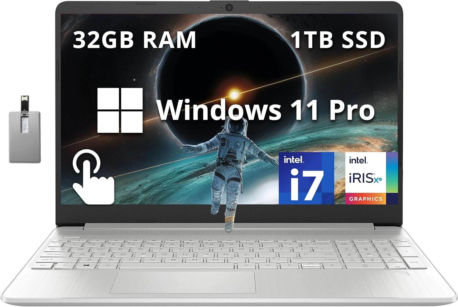 HP 15.6" FHD Touchscreen Business Laptop, Intel i7-1255U, 32GB RAM, 1TB PCIe SSD, Intel Iris Xe Graphics, Num Pad, Webcam, Windows 11 Pro, Natural Silver, 32GB Hotface USB Card