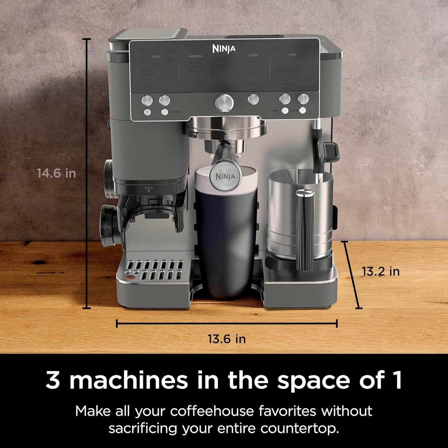 Ninja Luxe Cafe Premier Series, Espresso Machine, Drip Coffee, Rapid Cold Brew, Integrated Grinder, Hands-Free Frother, with Knock Box, Water Filter, Cleaning Tablets, Descaler, ES601GM