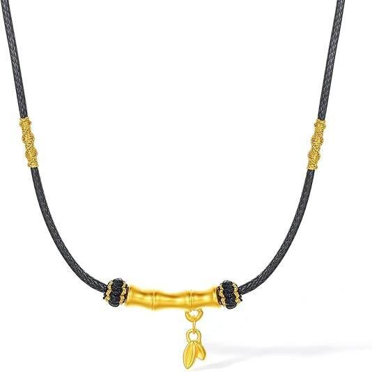 24K Solid Gold Pendant Necklace Real Gold Bamboo Pendant Adjustable Black Braided Necklace Dainty Jewelry for Men Father Anniversary Birthday 25.6-29.5"(65-75cm) A0414824