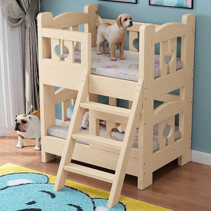 Elevated Dog Bunk Bed with Steps for Small/Medium/Large Pets, Double Layer Wooden Frame, Stylish Pet Bed with Side Ladder (47" L x 28" W x 39" H)